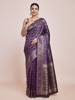 Monjolika Fashion - Women's Glamour & Tradition Dark Purple Zari Woven Saree with Unstitched Blouse