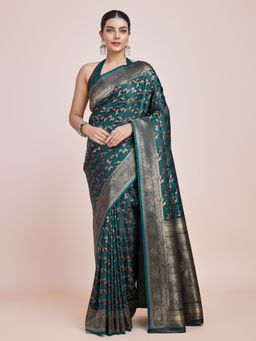Monjolika Fashion - Women's Glamour & Tradition Dark Teal Zari Woven Saree with Unstitched Blouse