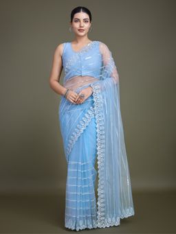 Monjolika Fashion - Glamorous Women's Sky Blue Sequin Work Soft Net Saree with Unstitched Blouse