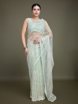 Monjolika Fashion - Exclusive Women's Light Green Soft Net Saree with Unstitched Blouse