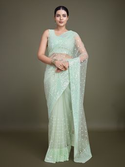 Monjolika Fashion - Exquisite Women's Light Green Soft Net Saree with Unstitched Blouse