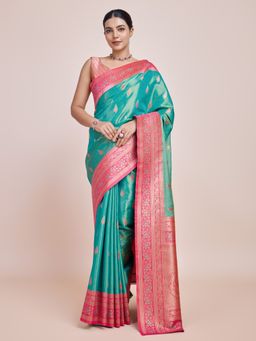 Monjolika Fashion - Women's Glamour and Tradition Zari Woven Turquoise Saree with Unstitched Blouse