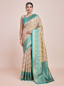 Monjolika Fashion - Women's Cream Saree with Unstitched Blouse