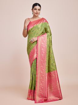 Monjolika Fashion - Women's Parrot Green Saree with Unstitched Blouse
