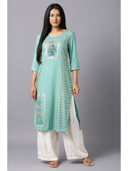 Aurelia - Green Thread Embroidered Kurta In Mughal Print