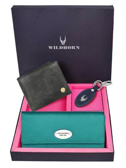 WILDHORN - Premium Leather Ladies Wallet, Mens Wallet and Keychain Gift -1K_TE_2052BKM_K (Set of 3)