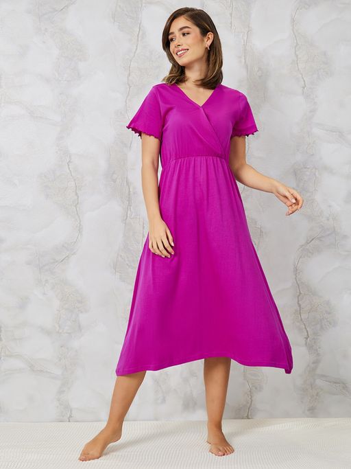 Buy Styli Elevate Womens Purple Wrap Midi Length Night Dress Cotton Online