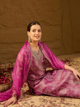 Vaamsi - Women Purple Chanderi Embellished Design Straight Kurta With Pant & Dupatta