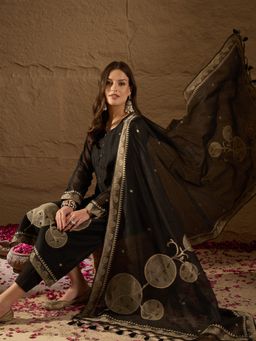 Vaamsi - Women Black Silk Blend Woven Design Straight Kurta With Pant & Dupatta