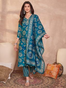 Vaamsi - Blue Cotton Blend Mirror Work Printed Kurti With Pant & Dupatta