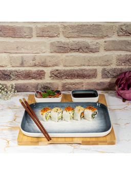 EZ Life - Plum Square Plate 1 Plate 2 Dip Bowls on Wooden Tray Grey & White