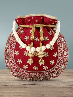 Peora - Red Gold-Toned Embroidered Embellished Potli Purse -P54R