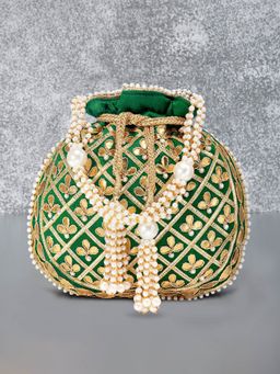 Peora - Embroidered Potli Bags Handmade Ethnic Purse Handbags Stylish Green - P09GRN