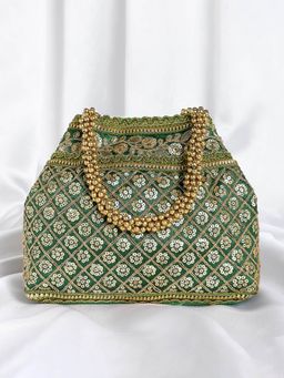 Peora - Cream Potli Bags Handmade Evening Wristlet Handbags Stylish Bridal Green - P121GRN
