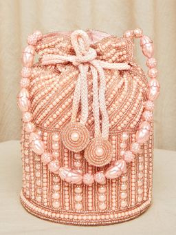Peora - Rose Gold Potli Bags Evening Bags Ethnic Bride Purse with Drawstring Cream - P98C