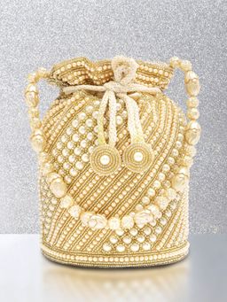 Peora - Beads Studded Potli Bags Handmade Ethnic Purse Evening Handbags Cream - P99CRM