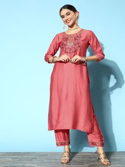 Gahan - Peach Viscose Zari Embroidered Straight Kurta with Pant