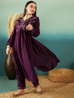 Gahan - Wine Silk Zari Embroidered Alia Cut Kurta with Pant