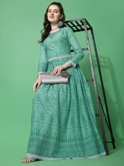 Gahan - Turquoise Mal Cotton Mirror Work A-Line Flared Party Wear Dress