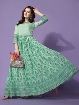 Gahan - Sea Green Mal Cotton Mirror Work A-Line Flared Party Wear Gown