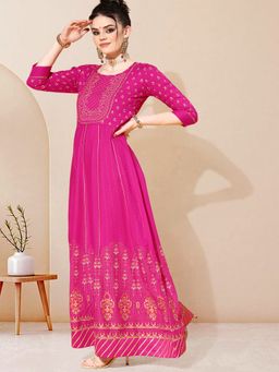 Gahan - Pink Viscose Rayon Zari Gota Work Foil Printed A-Line Flared Gown