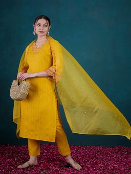 Gahan - Mustard Rubi Cotton Zari Embroidered Kurta with Pant & Organza Dupatta