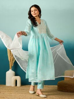 Gahan - Sky Roman Zari Embroidered Schiffli Kurta with Pant & Organza Dupatta