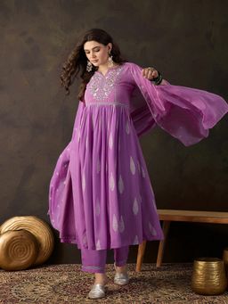 Gahan - Lavender Milky Zari Embroidered Naira Cut Kurta with Pant & Dupatta