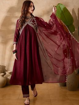Gahan - Maroon Vichitra Zari Embroidered Alia Cut Kurta with Pant & Dupatta