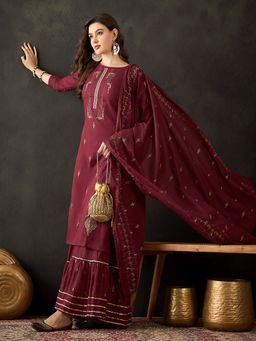 Gahan - Womens Maroon Pure Cotton Zari Embroidered Kurta with Sharara & Dupatta