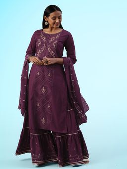 Gahan - Womens Wine Pure Cotton Zari Embroidered Kurta with Sharara & Dupatta