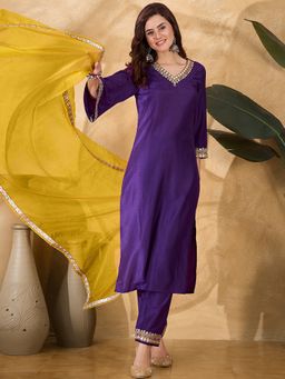 Gahan - Purple DChinon Zari Thread Mirror Work Embroidered Kurta with Pant & Dupatta