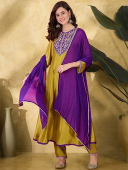 Gahan - Yellow Vichitra Zari Thread Embroidered Anarkali Kurta with Pant & Dupatta