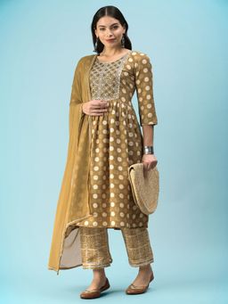 Gahan - Womens Olive Green Mirror Work Zari Embroidered Kurta with Pant & Dupatta