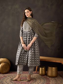 Gahan - Womens Grey Cotton Mirror Work Zari Embroidered Kurta with Pant & Dupatta