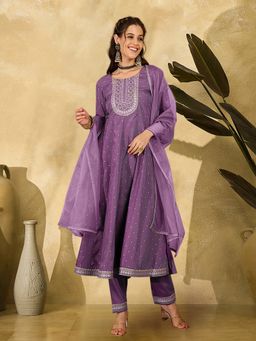 Gahan - Purple Crepe Zari Thread Embroidered Anarkali Kurta with Pant & Dupatta
