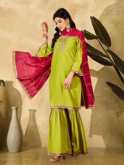 Gahan - Neon Green DChinon Zari Thread Embroidered Kurta with Sharara & Dupatta