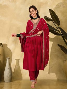 Gahan - Red Vichitra Zari Cut Work Embroidery Alia Cut Kurta with Pant & Dupatta