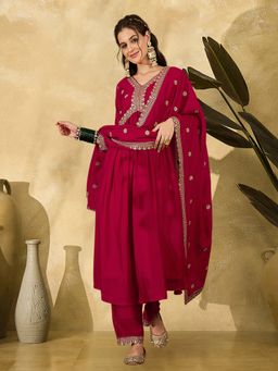 Gahan - Rani Vichitra Zari Cut Work Embroidery Alia Cut Kurta with Pant & Dupatta