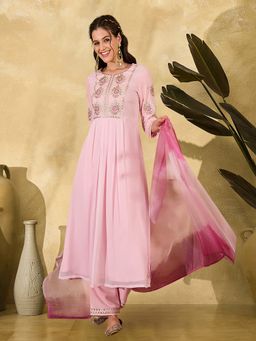 Gahan - Pink Zari Thread Embroidery Mirror Work Kurta with Pant & Dupatta