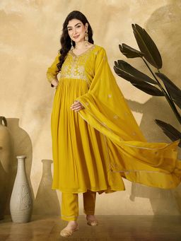 Gahan - Yellow Zari Embroidered Naira Cut Anarkali Kurta with Pant & Dupatta
