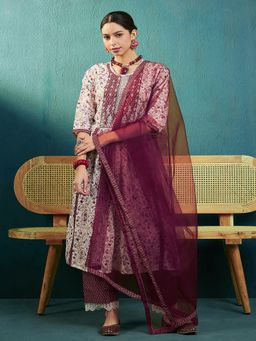 Gahan - Womens White Cotton Mirror Work Zari Embroidered Kurta with Pant & Dupatta