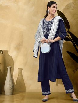 Gahan - Womens Navy Blue Ruby Cotton Chikankari Kurta with Pant & Dupatta