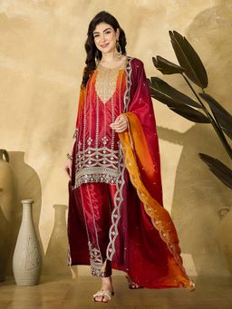 Gahan - Red Ombre Silk Blend Zari Embroidered Kurta with Pant & Dupatta