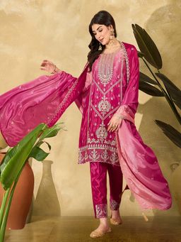 Gahan - Rani Pink Ombre Dchinon Zari Embroidered Kurta with Pant & Dupatta