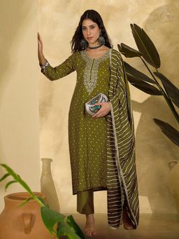 Gahan - Mahendi Green Rayon Embroiderd Kurta with Pant & Dupatta