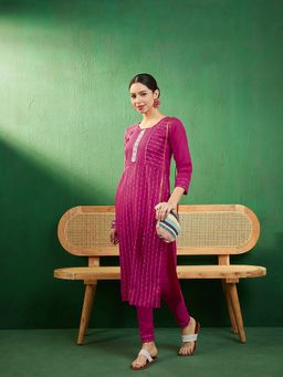 Gahan - Pink Ruby Silk Embroidered Foil Printed Straight Kurta with Pant