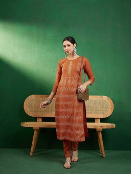 Gahan - Rust Ruby Silk Embroidered Foil Printed Straight Kurta with Pant