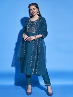 Gahan - Teal Cotton Blend Zari Work Straight Kurta with Pant & Dupatta