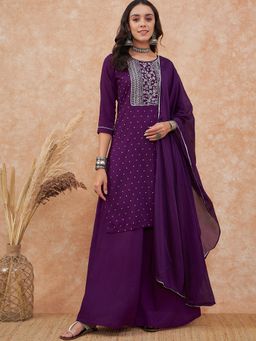 Gahan - Purple Satin Zari Embroidered Straight Kurta with Palazzo & Dupatta